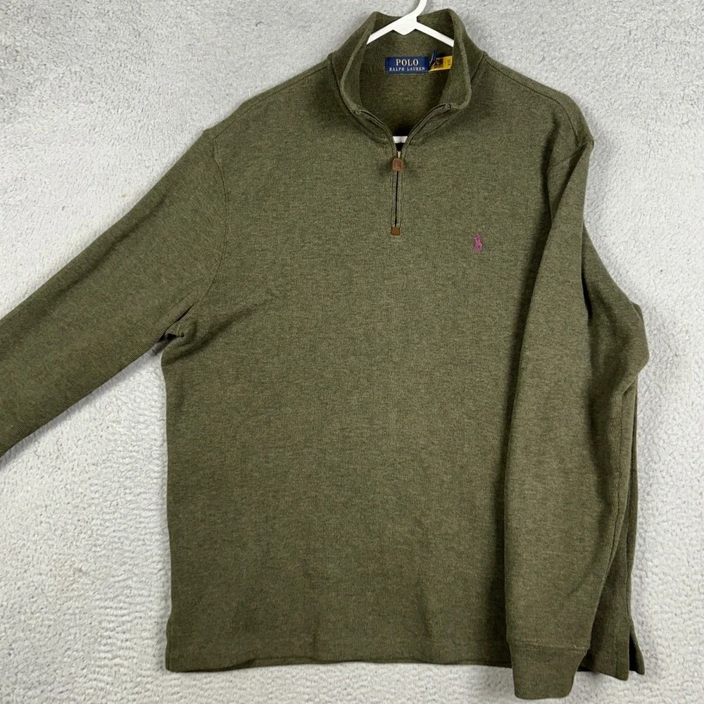 Polo Ralph Lauren Sweater Mens Large Olive Green Quarter Zip Pullover Mock Neck